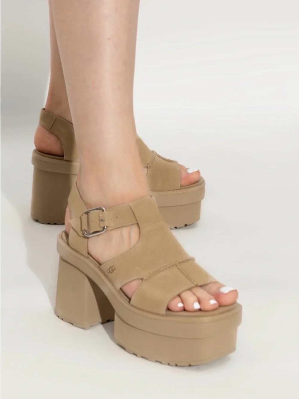 UGG New Heights Platform T-Strap Sandals Suede Mustard Seed Beige 7.5 NWT